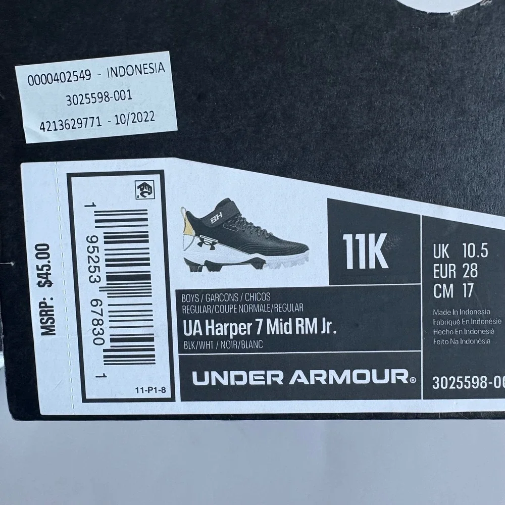 Under Armour Harper 7 Mid RM Jr Baseball Cleats Black White Gold 11K NEW